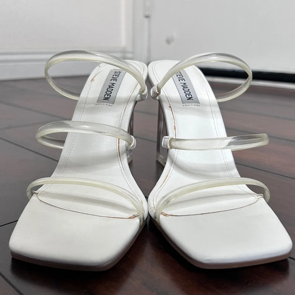 New Steve Madden Saute Strappy Lucite Clear Wedge Heel Sandals Sz 8.5 Minimalist